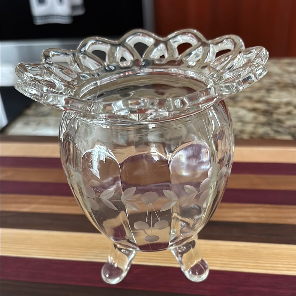 Elegant Clear Glass Vase or candle holder with floral etching design